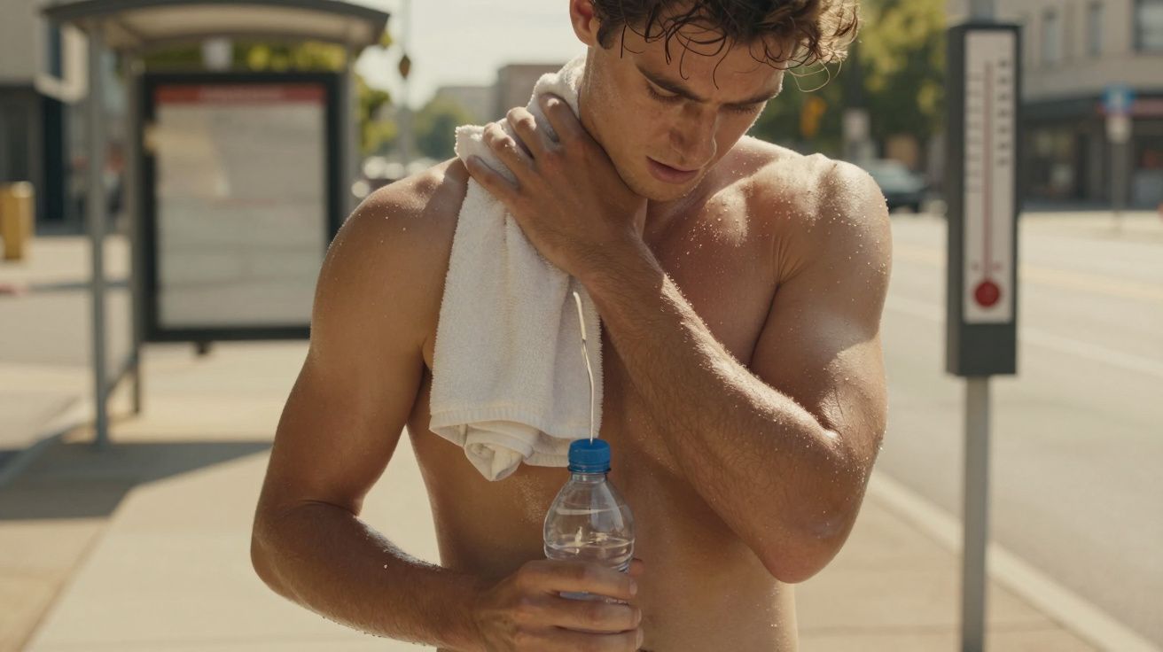 Homem sem camisa segurando garrafa de água e toalha, visivelmente suado, ao lado de um abrigo de autocarro na cidade.