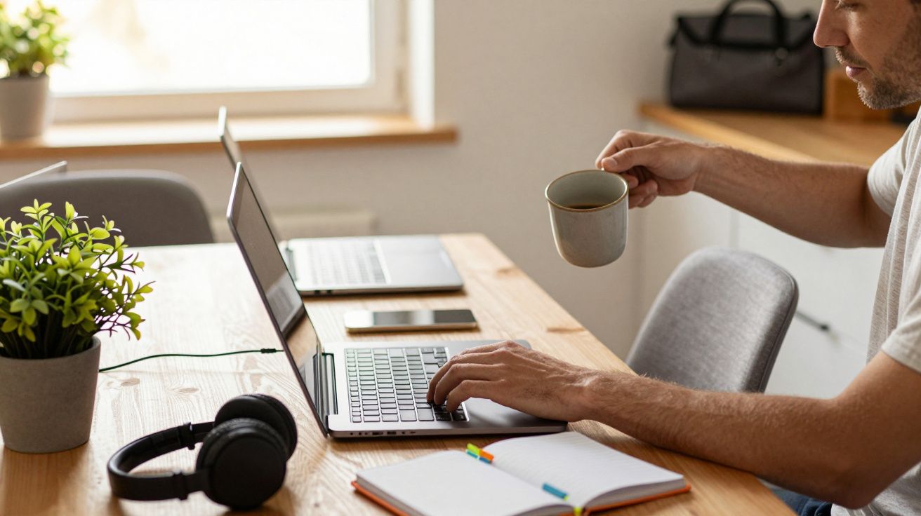 Homem trabalhando no computador numa mesa de madeira com caneca, caderno, fones de ouvido e uma planta.
