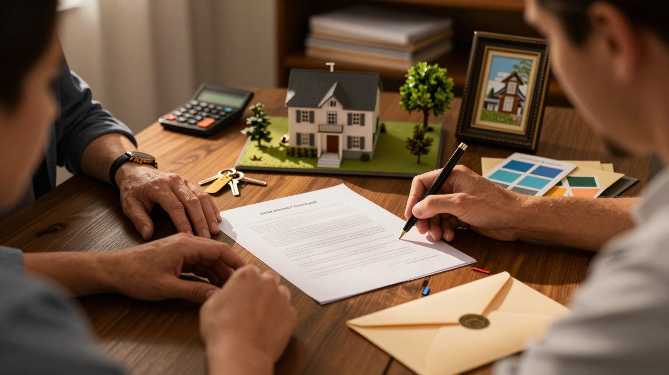 Duas pessoas assinam contrato imobiliário numa mesa com maquete de casa, chaves e calculadora.