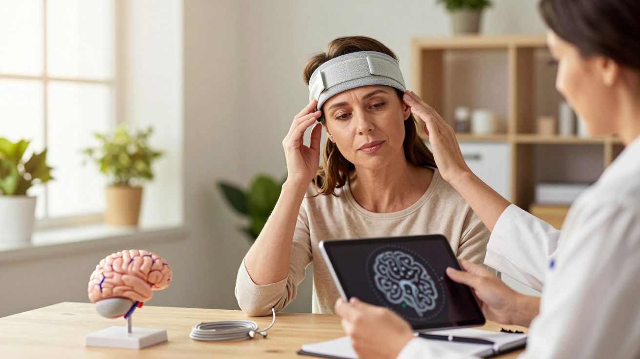 Mulher com fita na cabeça consulta médica, enquanto profissional mostra imagem de cérebro num tablet.