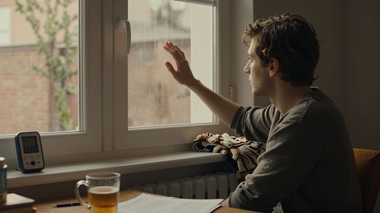Homem olha pela janela com chuva, mão apoiada no vidro. Mesa com chávena, documento e termómetro ambiental.