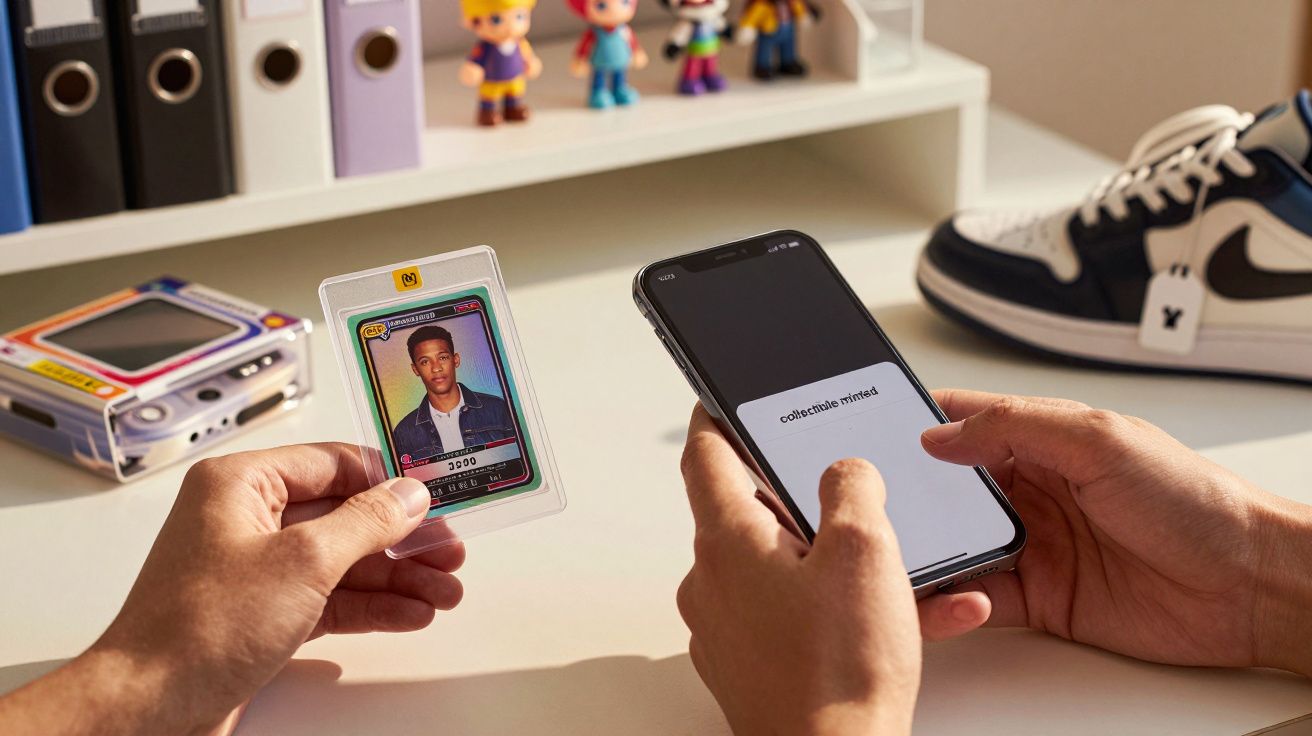 Pessoa a segurar telemóvel e cartão colecionável; prateleira com brinquedos e ténis ao fundo.