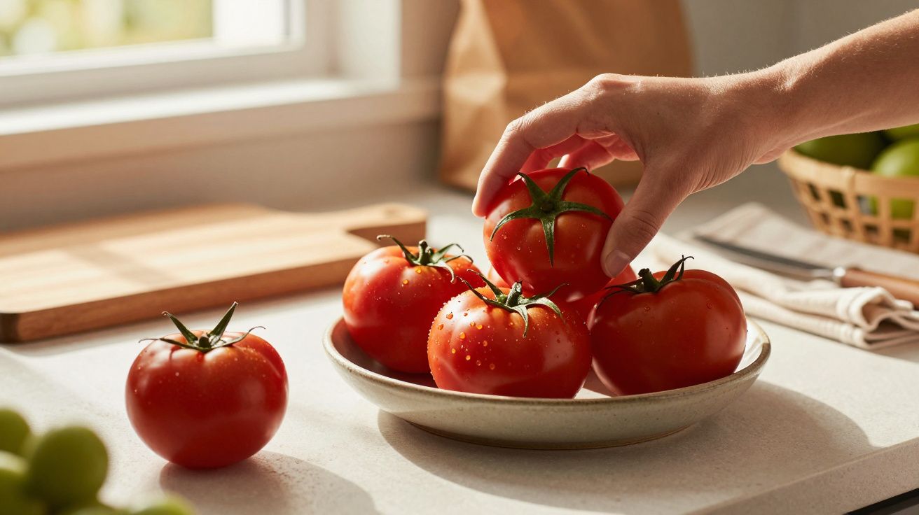 Mão a pegar num tomate fresco num prato sobre a bancada da cozinha, luz solar suave ao fundo.