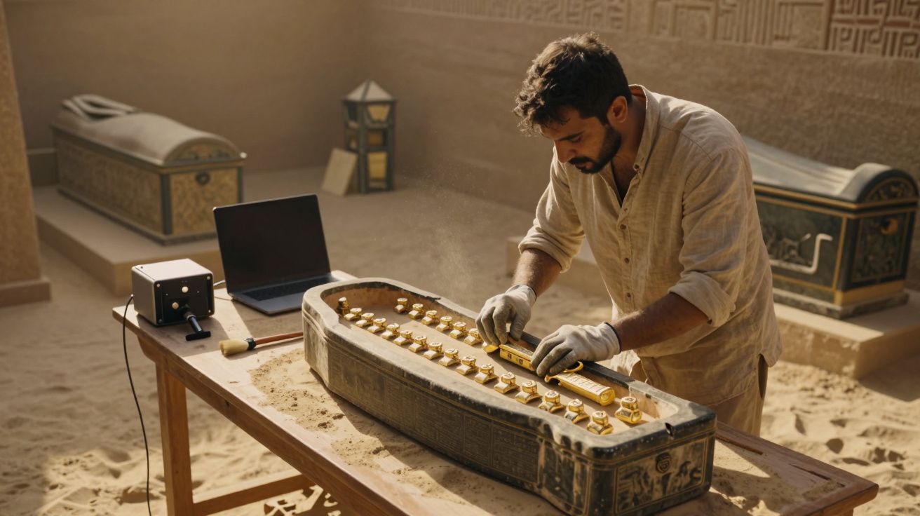 Arqueólogo analisa sarcófago antigo com barras de ouro, cercado por equipamentos e hieróglifos em tumba egípcia.