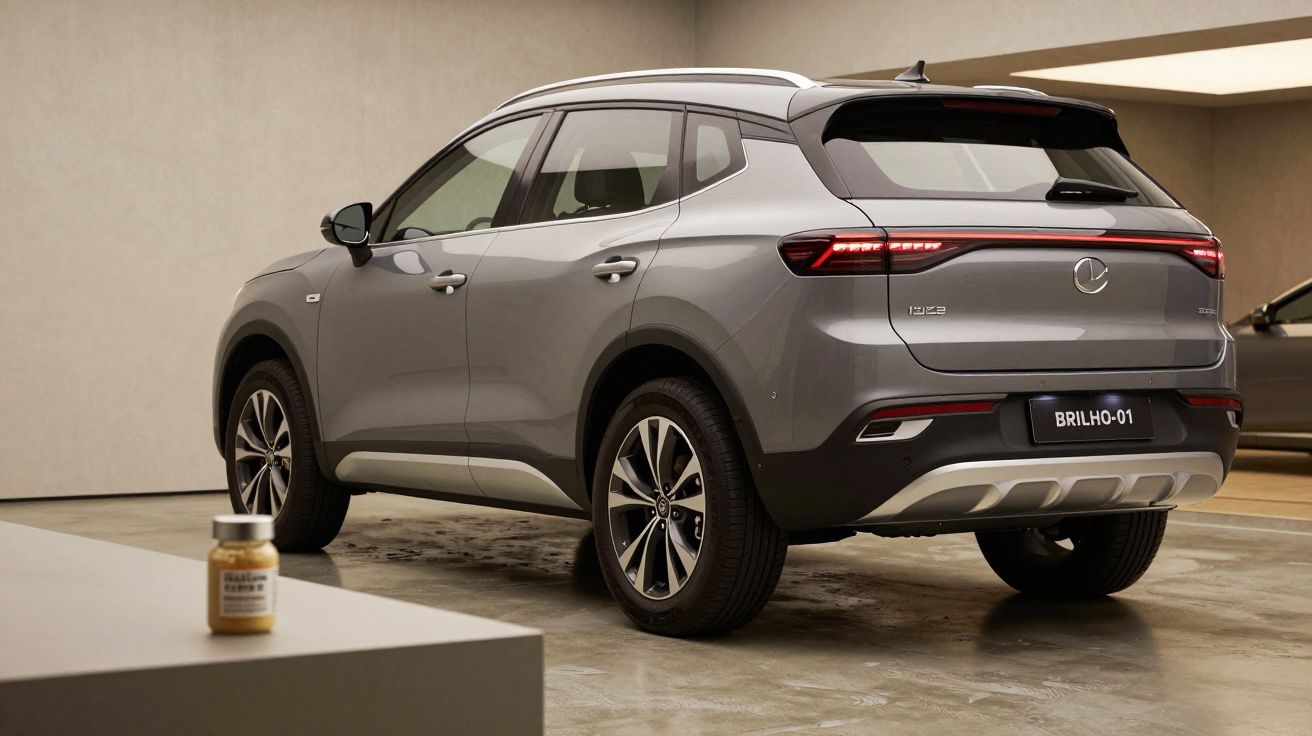 SUV cinza estacionado em garagem moderna com um frasco de produto de limpeza no primeiro plano.