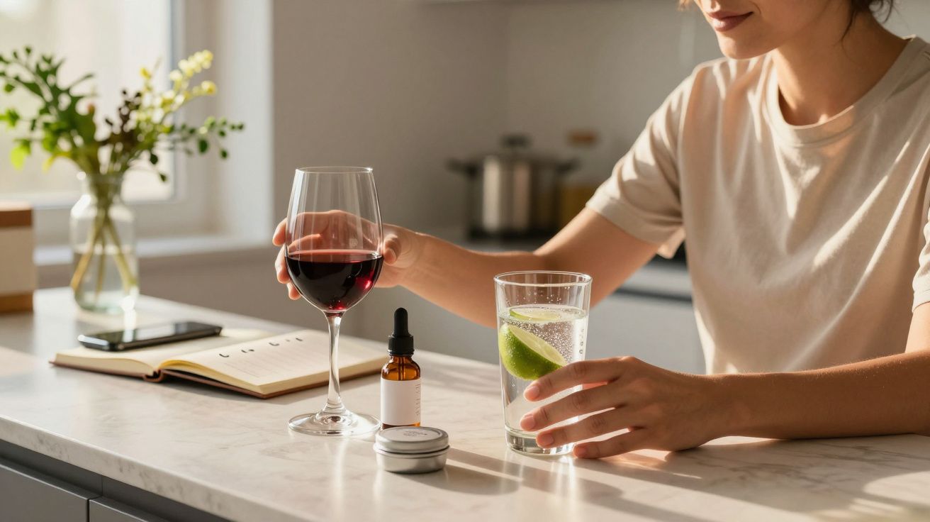 Pessoa numa cozinha moderna, segurando um copo de água com limão numa mão e vinho tinto na outra, com livros e flores ao fund