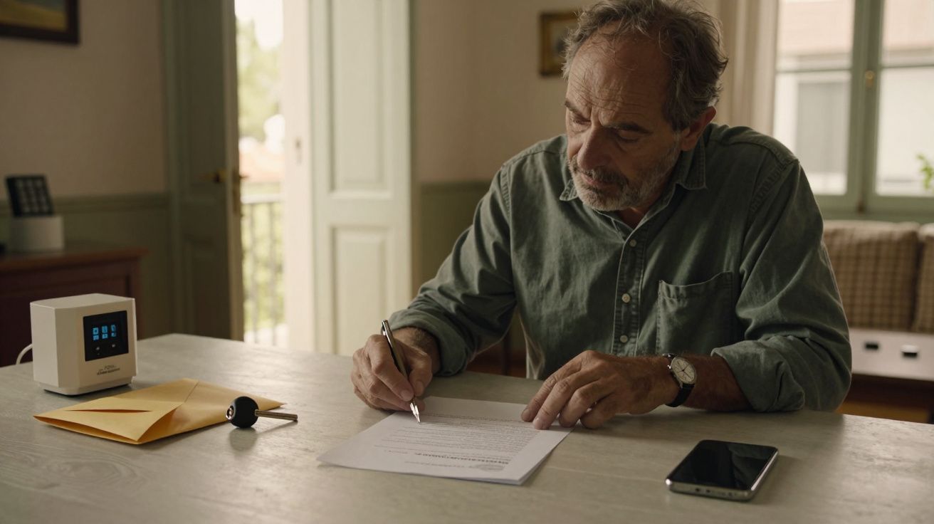 Homem de camisa verde assina documento numa mesa com telemóvel, um dispositivo e envelope amarelo ao lado.