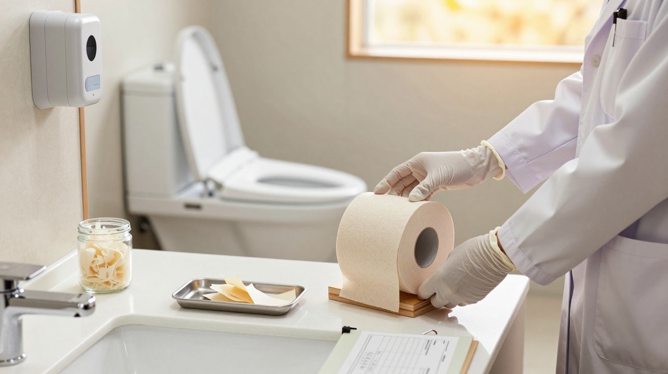 Pessoa em avental branco prepara rolo de papel higiénico numa casa de banho iluminada.