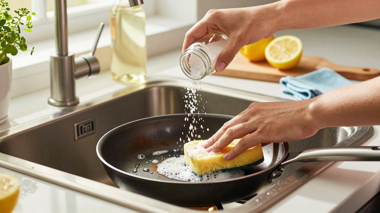 Pessoa a limpar frigideira na pia, usando uma esponja e polvilhando sal. Frutas e detergente ao fundo.