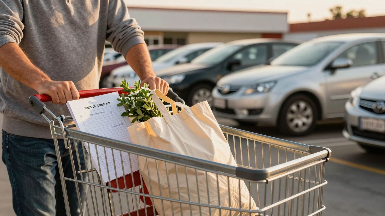 Pessoa empurra carrinho de compras com saco reutilizável e plantas num parque de estacionamento.