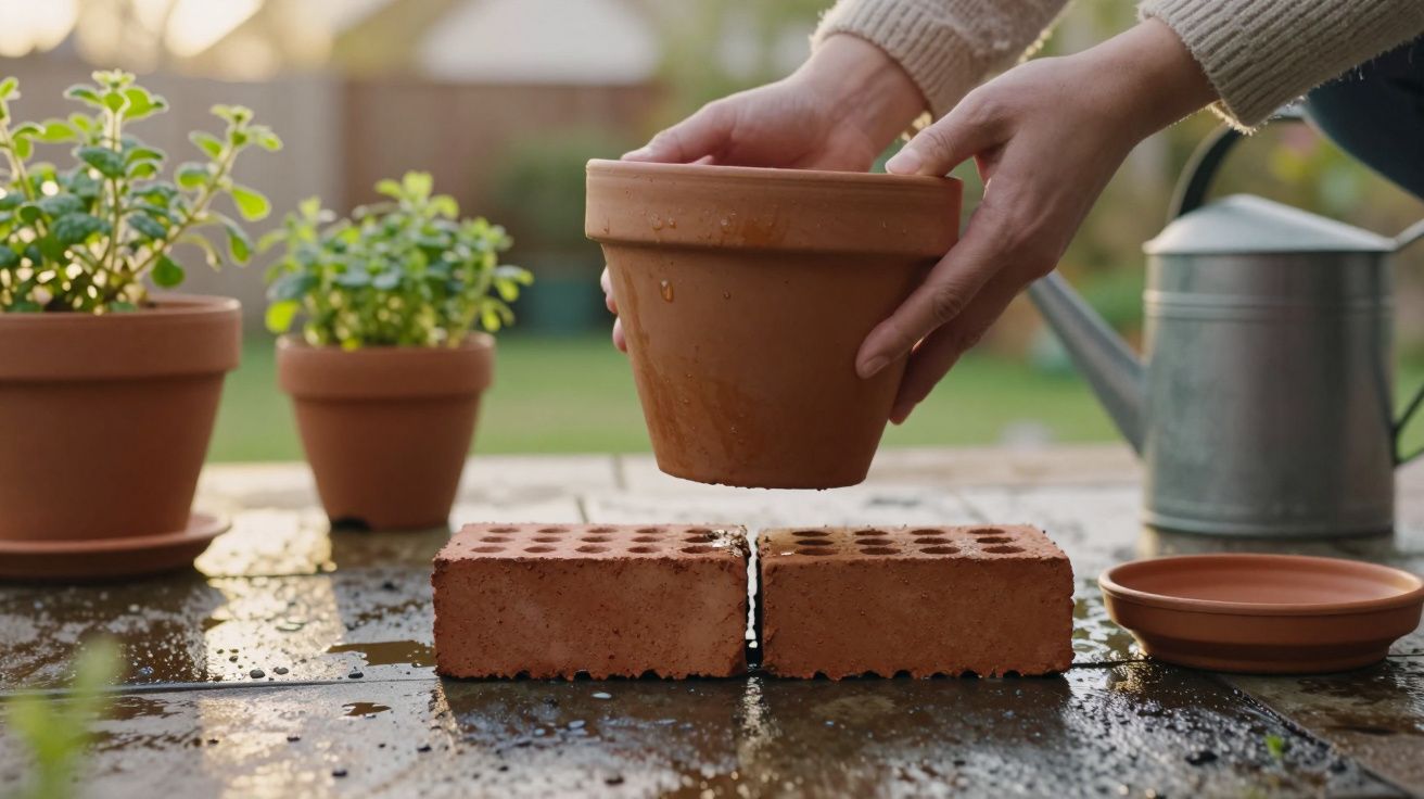 Mãos seguram um vaso de barro sobre tijolos molhados com plantas e regador ao fundo em um jardim.