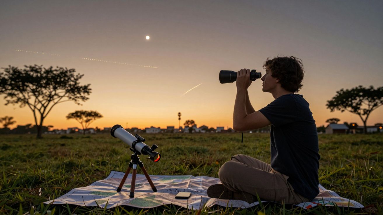 Homem sentado em relvado ao pôr do sol, observando o céu com binóculos ao lado de um telescópio.