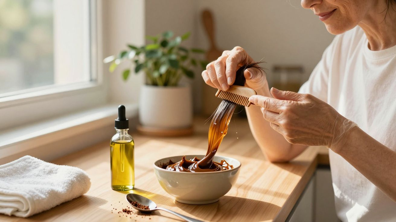 Mulher a aplicar máscara caseira no cabelo com uma escova, ao lado de uma janela com óleo e toalha sobre a mesa.