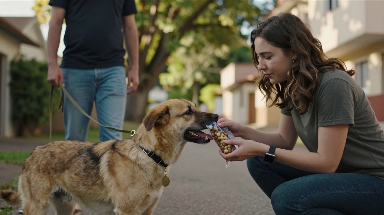 Mulher a dar comida a um cão na rua. Outro homem segura a trela do cão.