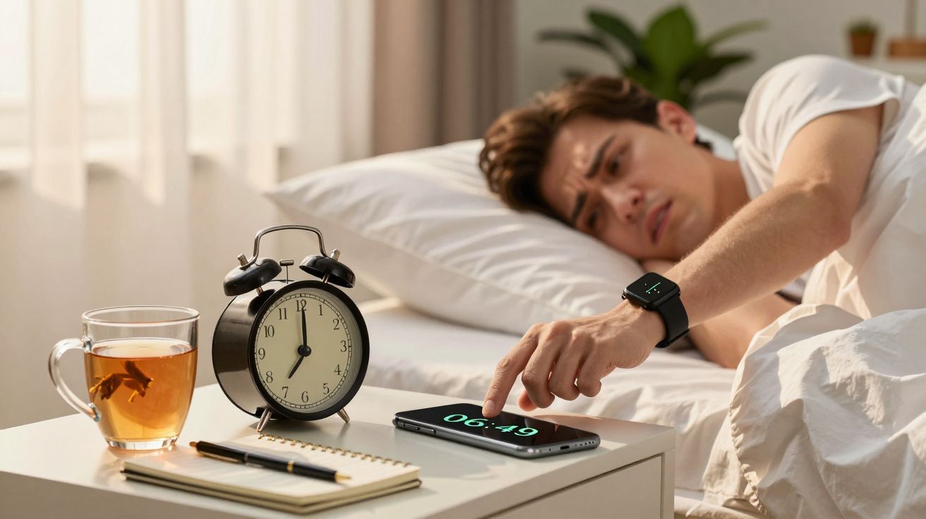 Homem na cama a desligar alarme no telemóvel às 6:49, com chá e despertador na mesa de cabeceira.