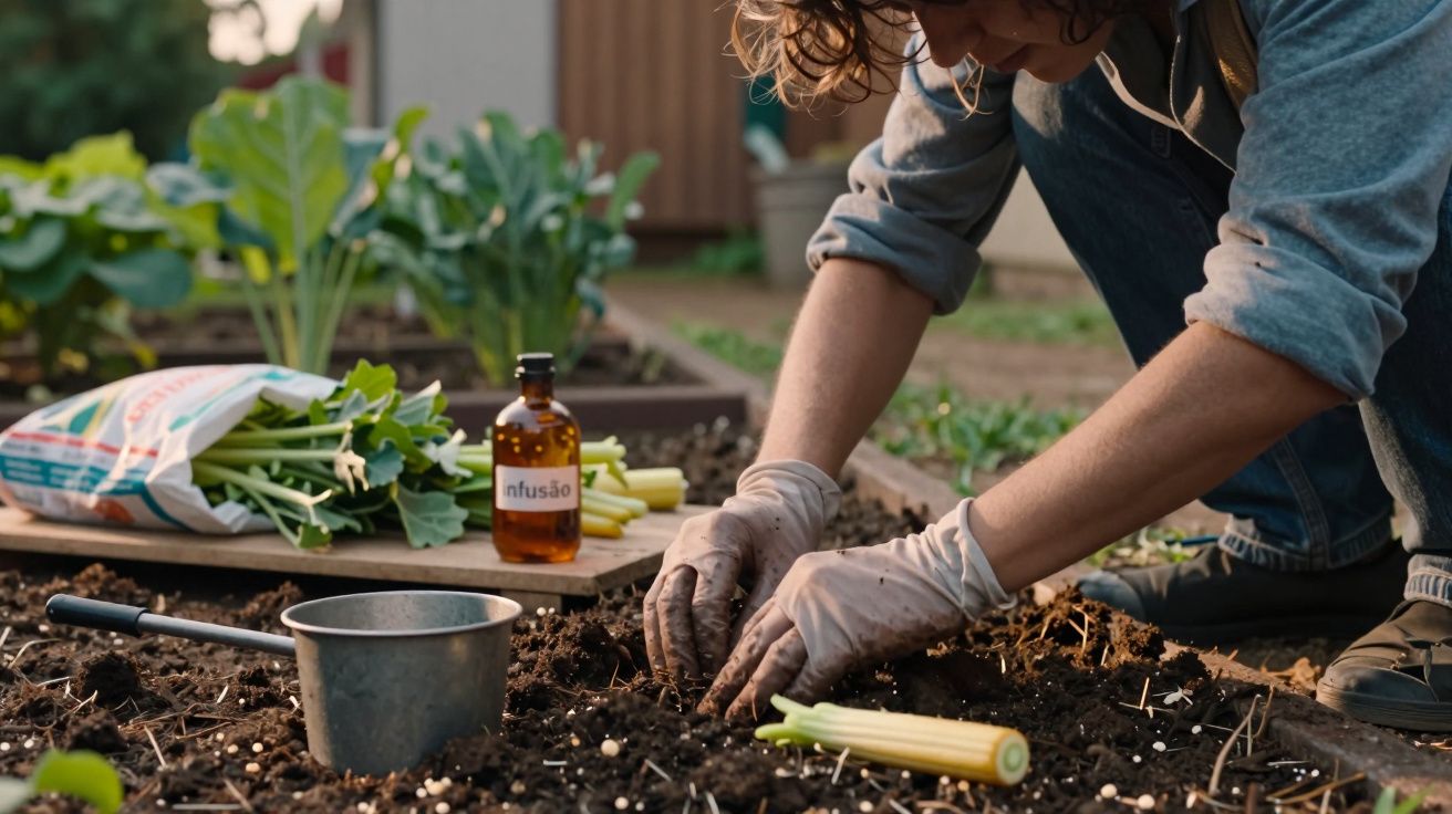 Pessoa a plantar em horta, usando luvas. Utensílios de jardinagem e garrafa de fertilizante ao lado.