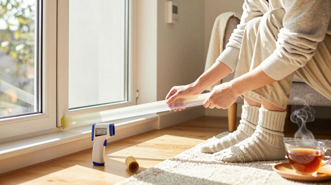 Pessoa instala película isolante na janela; chá fumegante ao lado.