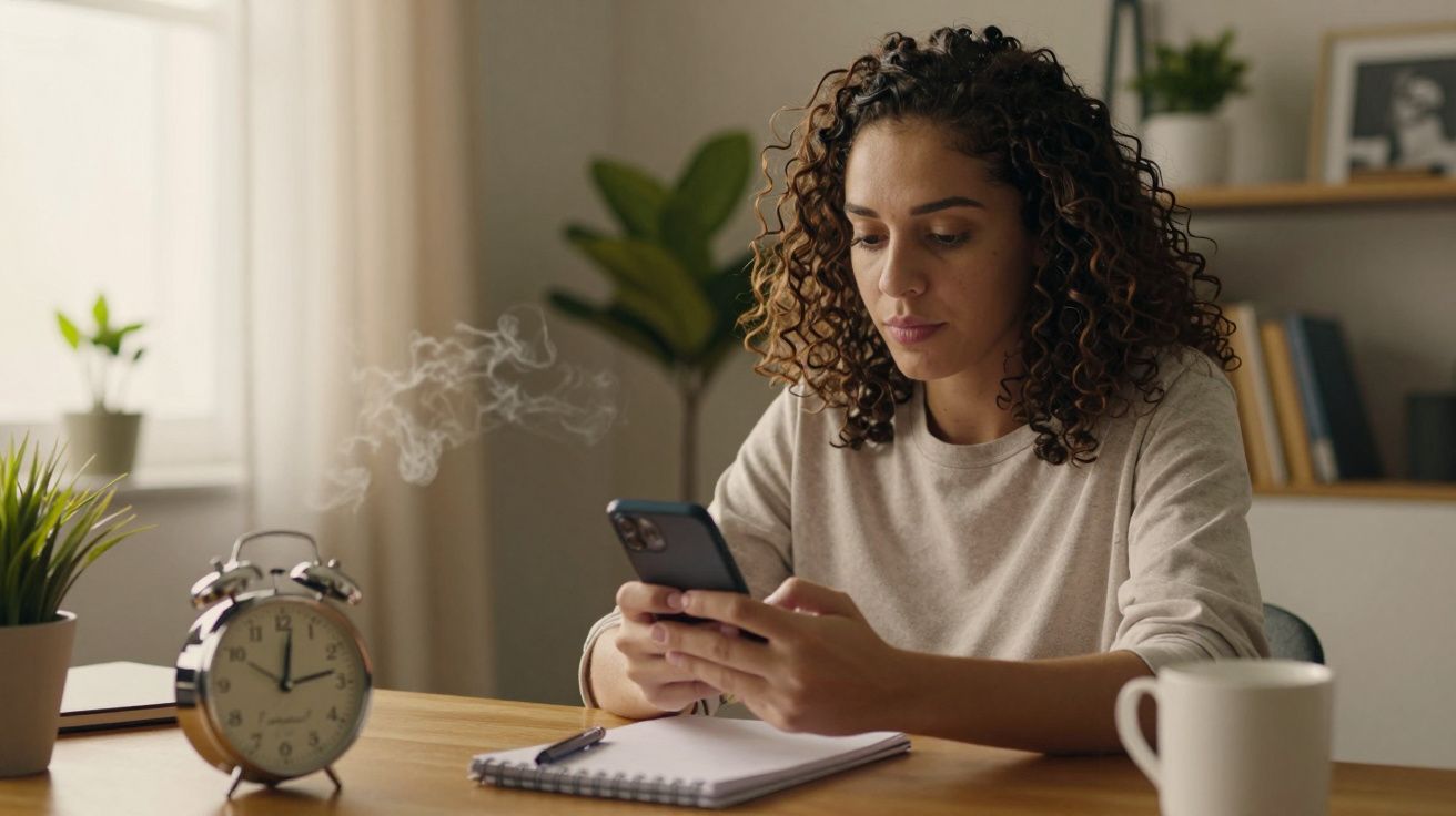 Mulher sentada à mesa com smartphone na mão, relógio ao lado, bloco de notas e chávena.