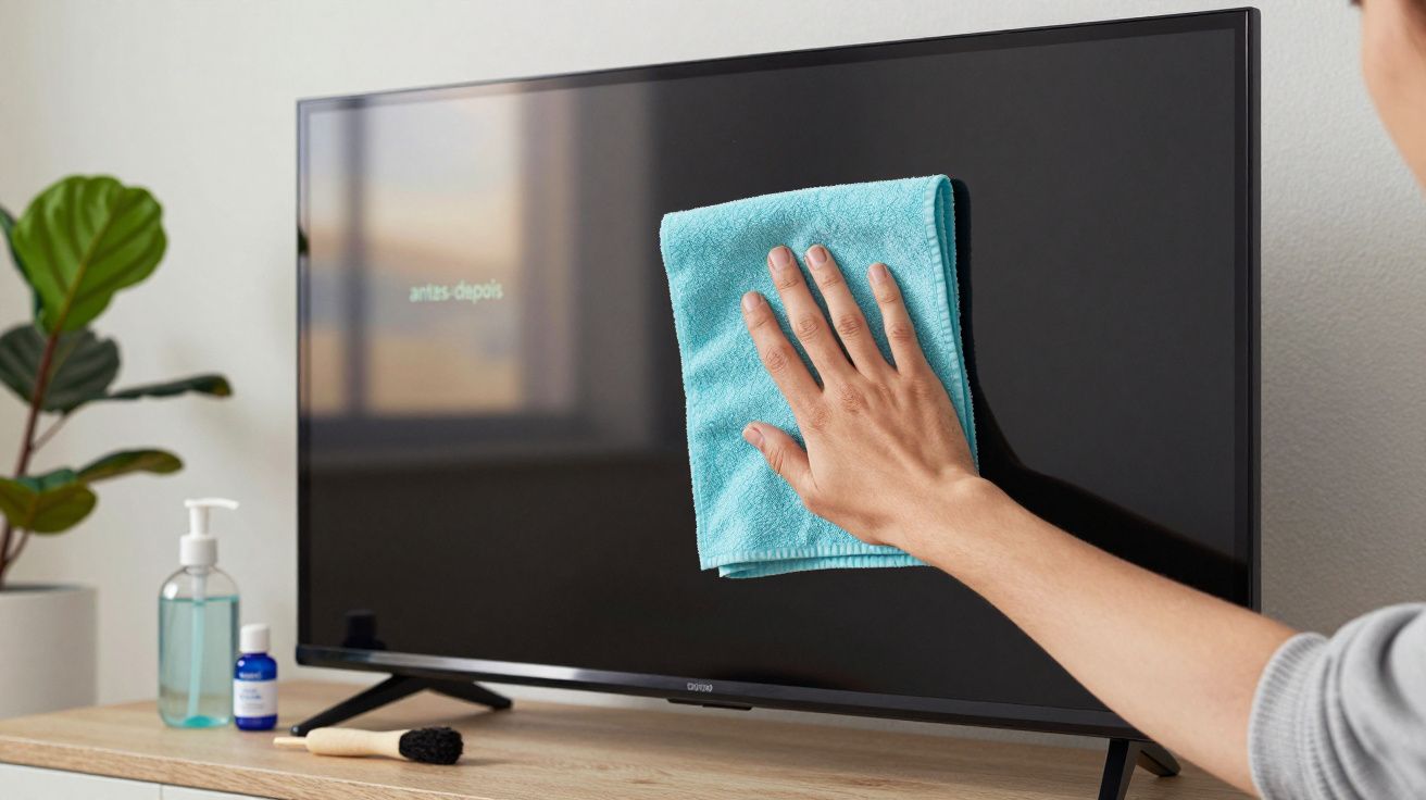 Pessoa a limpar uma televisão com um pano azul. Ao lado, garrafa de produto de limpeza e escova sobre a mesa.