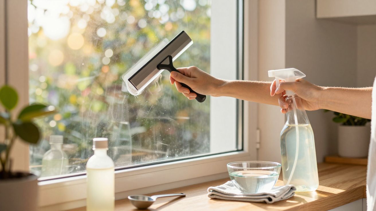 Pessoa limpa janela com rodinho e spray ao sol, rodeada de plantas e produtos de limpeza na bancada.