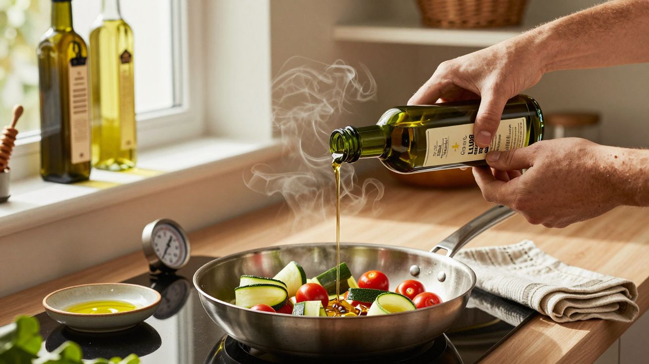 Pessoa a derramar azeite numa frigideira com legumes, sobre um fogão, numa cozinha bem iluminada.