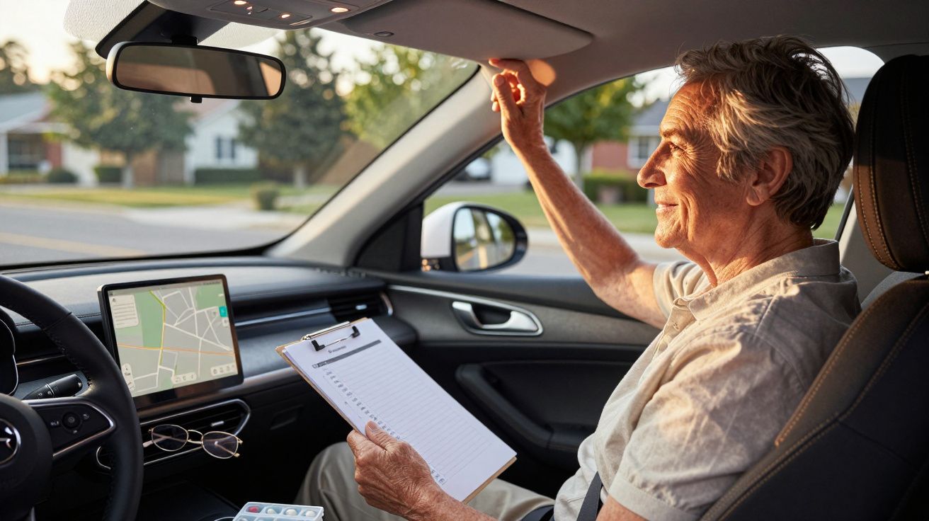 Homem idoso dentro de um carro, segurando uma prancheta, com um ecrã de navegação por GPS no painel.
