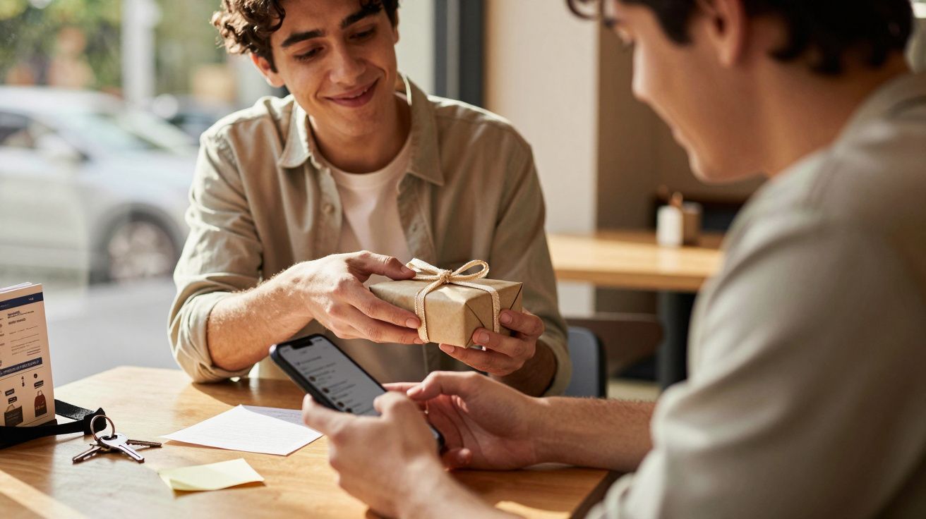Dois homens sentados à mesa, um entrega uma pequena prenda embrulhada ao outro que segura um telemóvel.