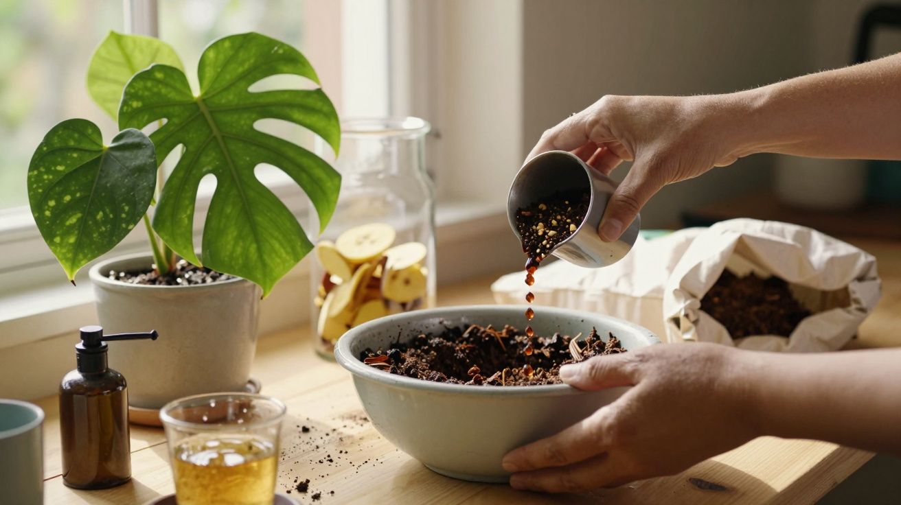 Pessoa adiciona borra de café a uma tigela de terra ao lado de uma planta Monstera e frascos na mesa.