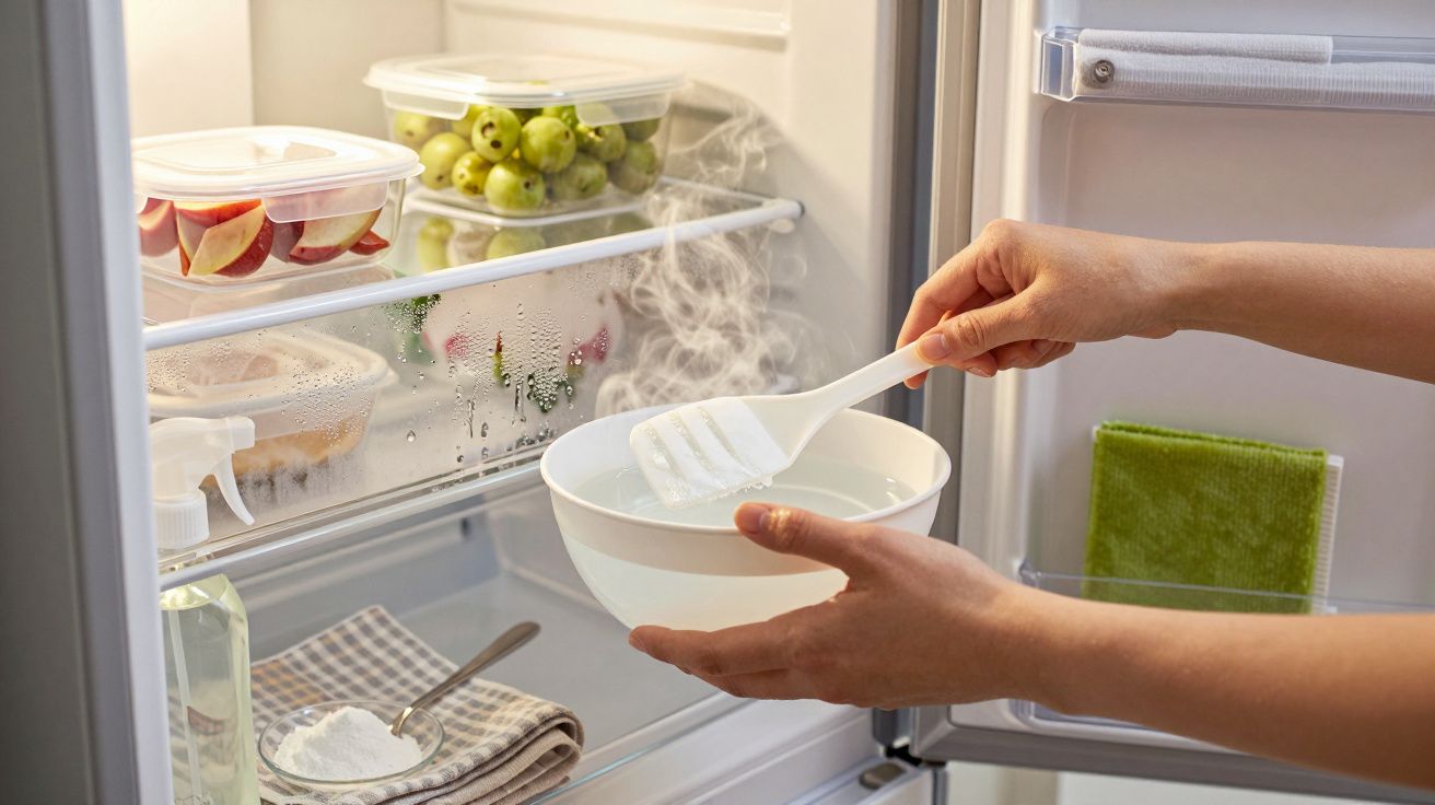 Mãos segurando tigela quente em frigorífico aberto, frutas e toalha ao lado.