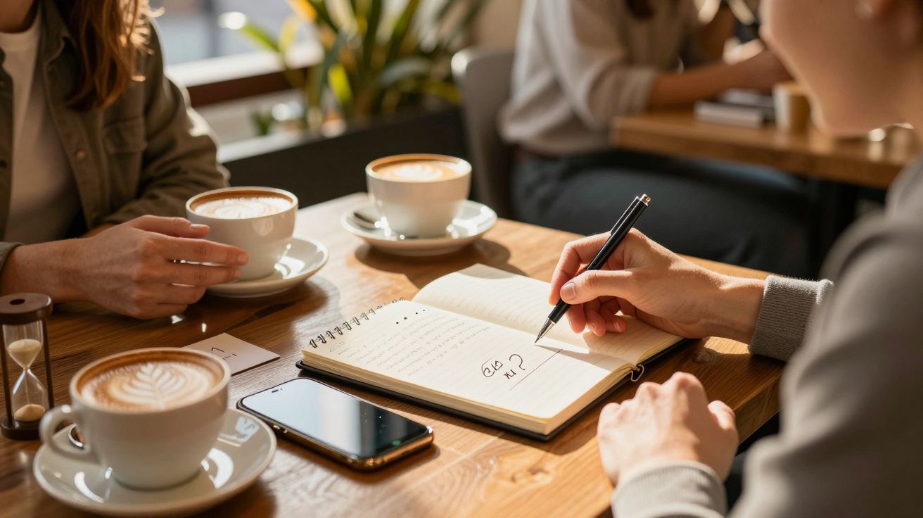 Duas pessoas num café com cappuccinos, bloco de notas e telemóvel sobre a mesa; uma está a escrever.