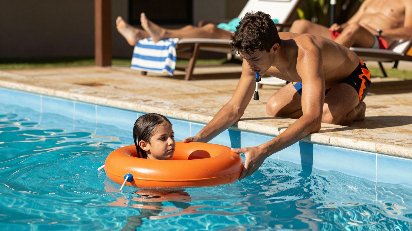 Homem ajuda criança com boia laranja na piscina, enquanto outra pessoa está sentada na espreguiçadeira ao fundo.