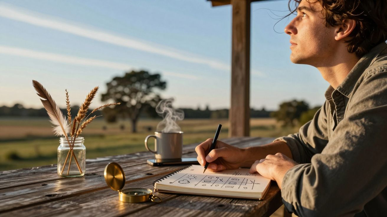 Homem sentado ao ar livre numa mesa de madeira, a desenhar num caderno, com chávena de café e jarra com penas ao lado.