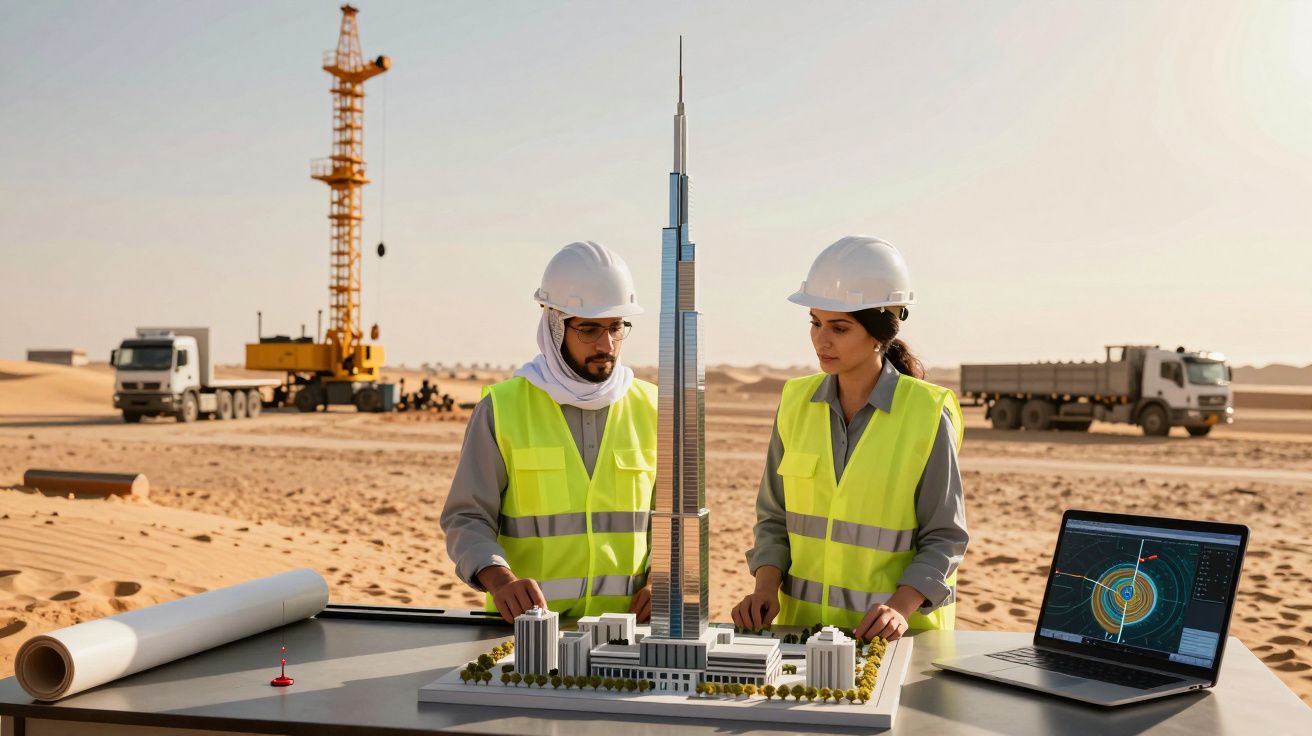Engenheiros analisam maquete de arranha-céus em mesa no deserto, com máquinas de construção ao fundo.