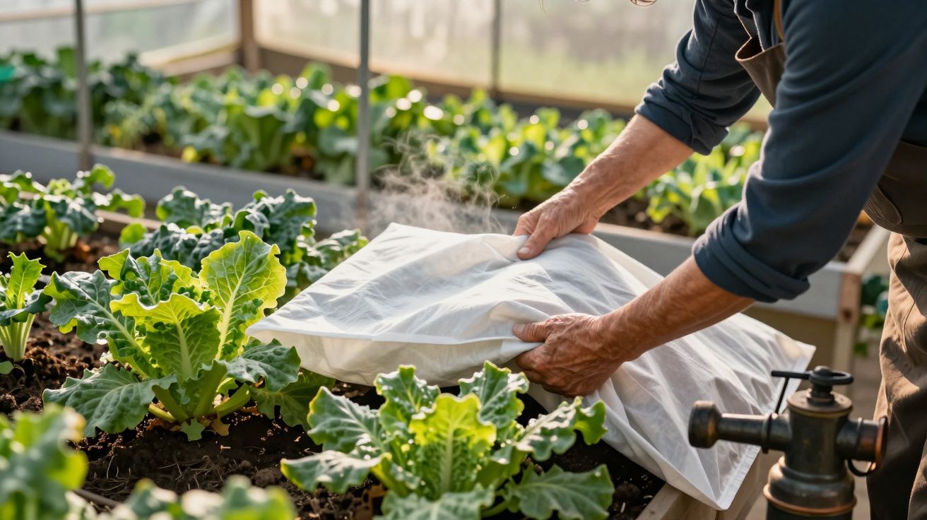 Pessoa a cobrir plantas de couve num jardim com uma manta térmica, num dia ensolarado em estufa.