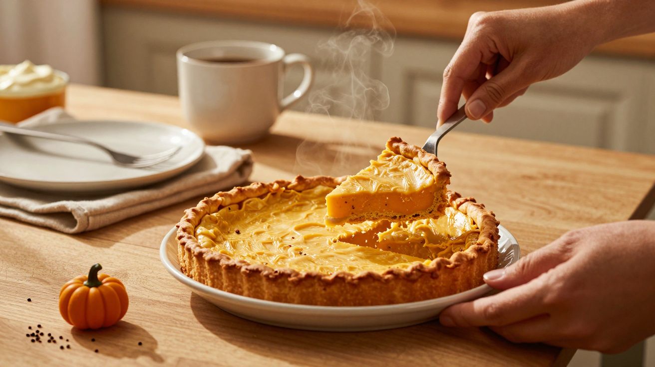 Mãos servem fatia de tarte de abóbora fumegante, com café ao fundo numa mesa de madeira.