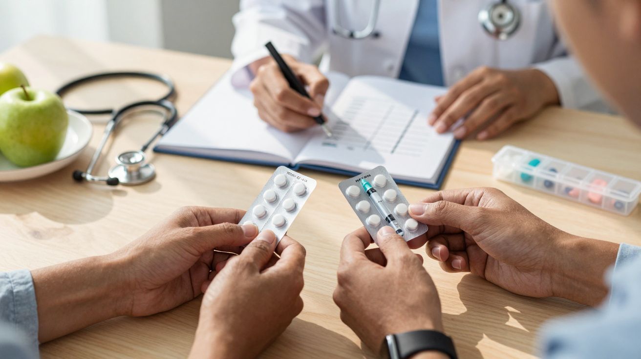 Duas mãos seguram blisters de comprimidos enquanto um médico anota receitas numa consulta em mesa com estetoscópio e maçãs.