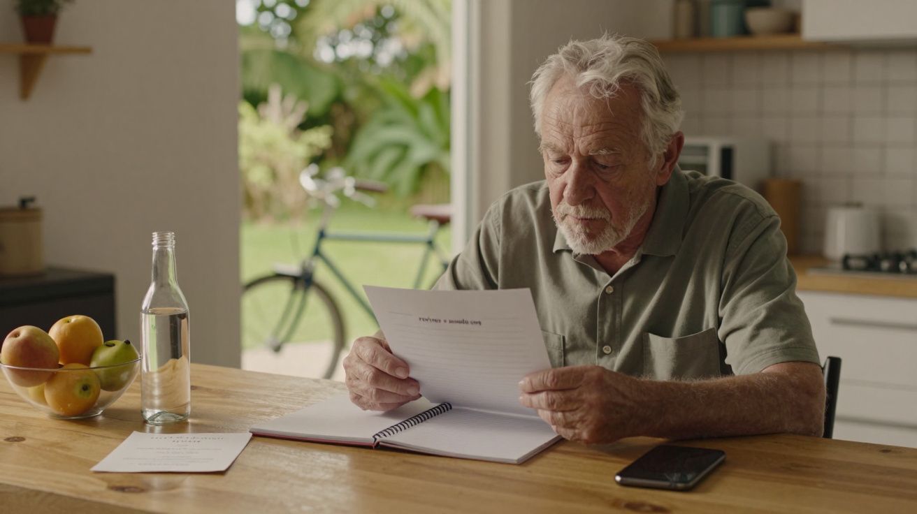 Homem idoso lendo papel em mesa de cozinha, com garrafa de água, taça de frutas e telemóvel ao lado. A janela mostra plantas.