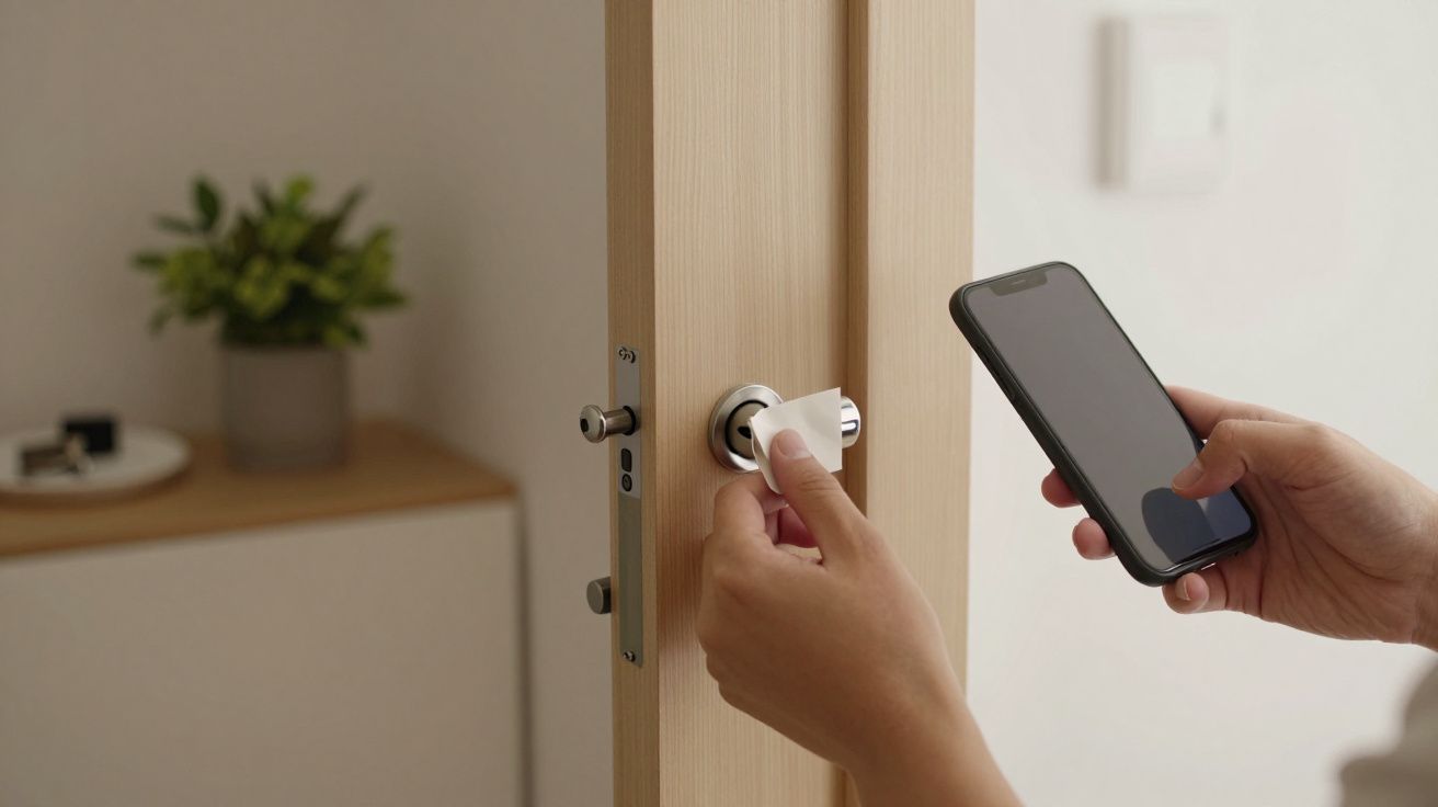 Pessoa a instalar fechadura inteligente numa porta de madeira, segurando um smartphone.