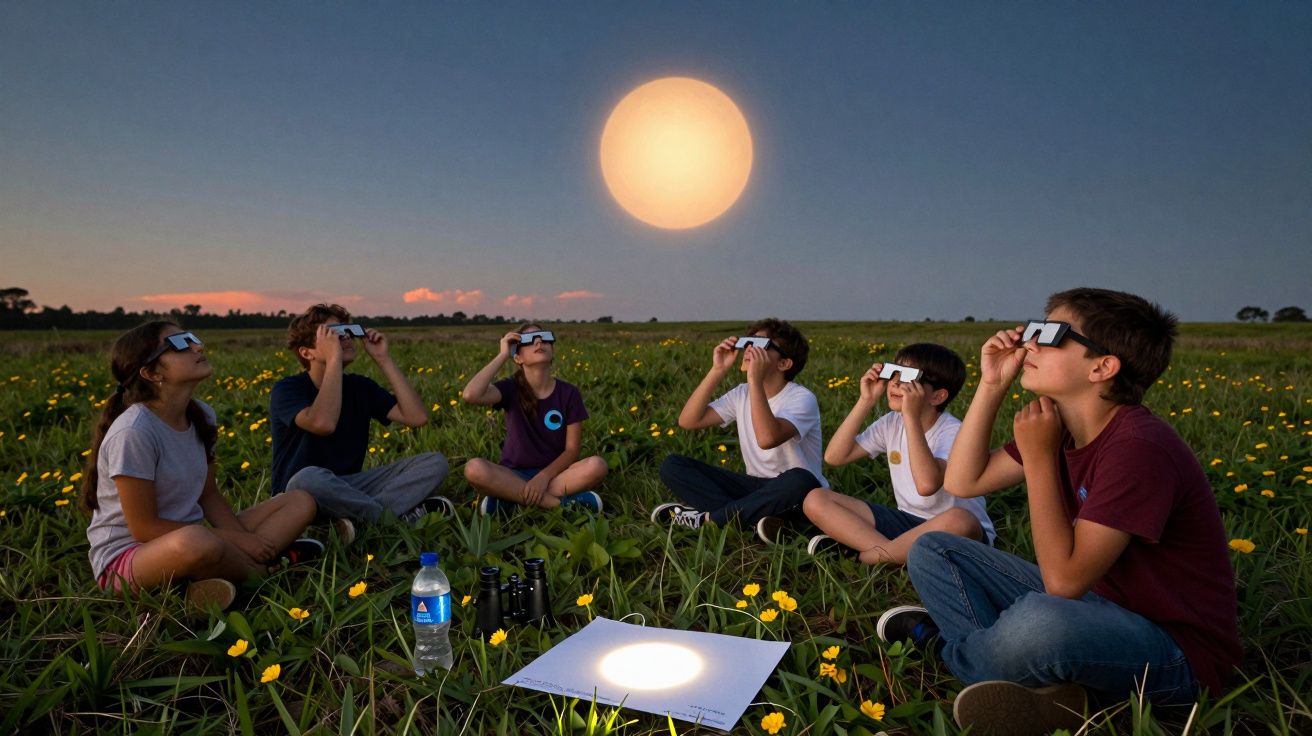 Seis crianças observam um eclipse solar num campo florido, usando óculos especiais.