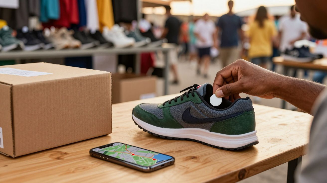 Pessoa coloca dispositivo de localização num sapato desportivo, com smartphone mostrando mapa em cima de mesa de madeira.