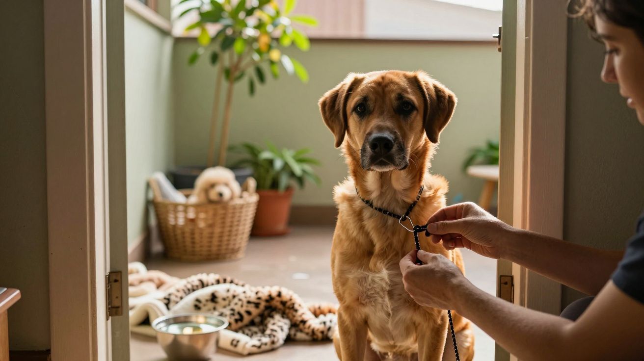 Pessoa a colocar coleira num cão castanho sentado à porta, com brinquedos e plantas ao fundo.