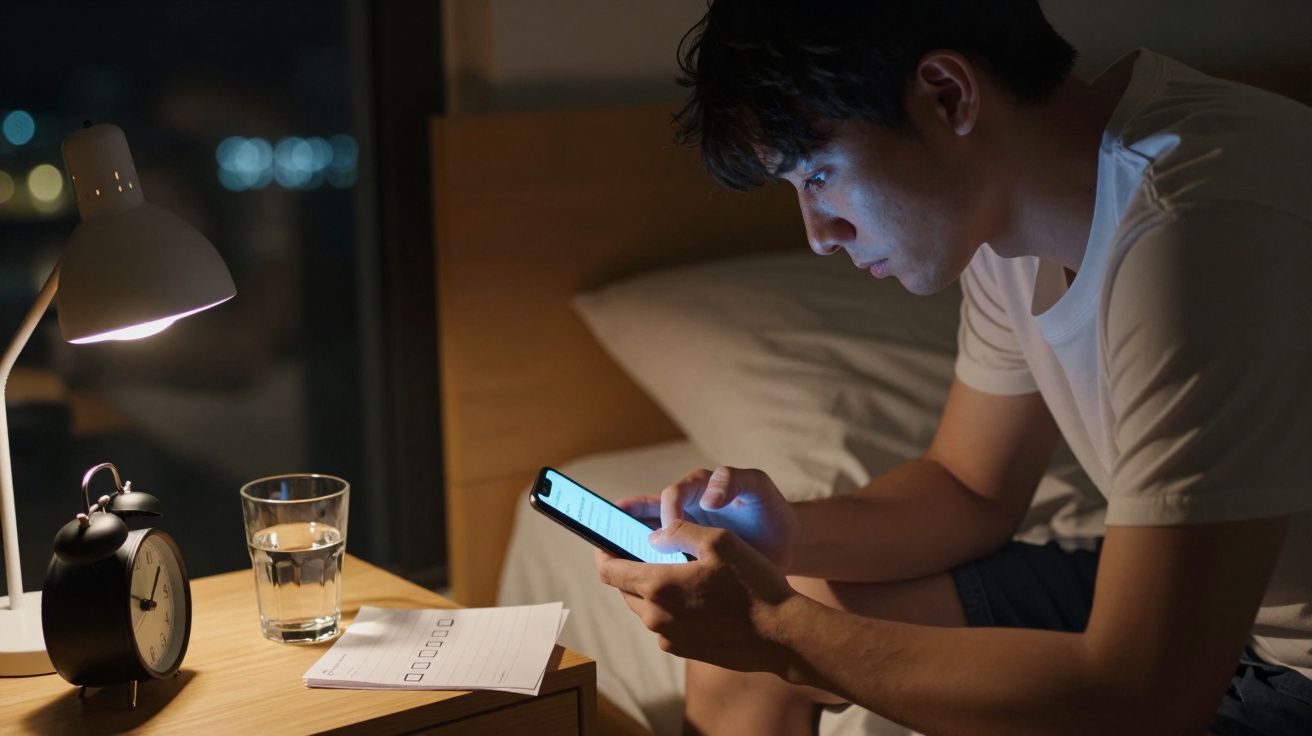 Jovem sentado na cama à noite, usando telemóvel. Candeeiro aceso e despertador ao lado.