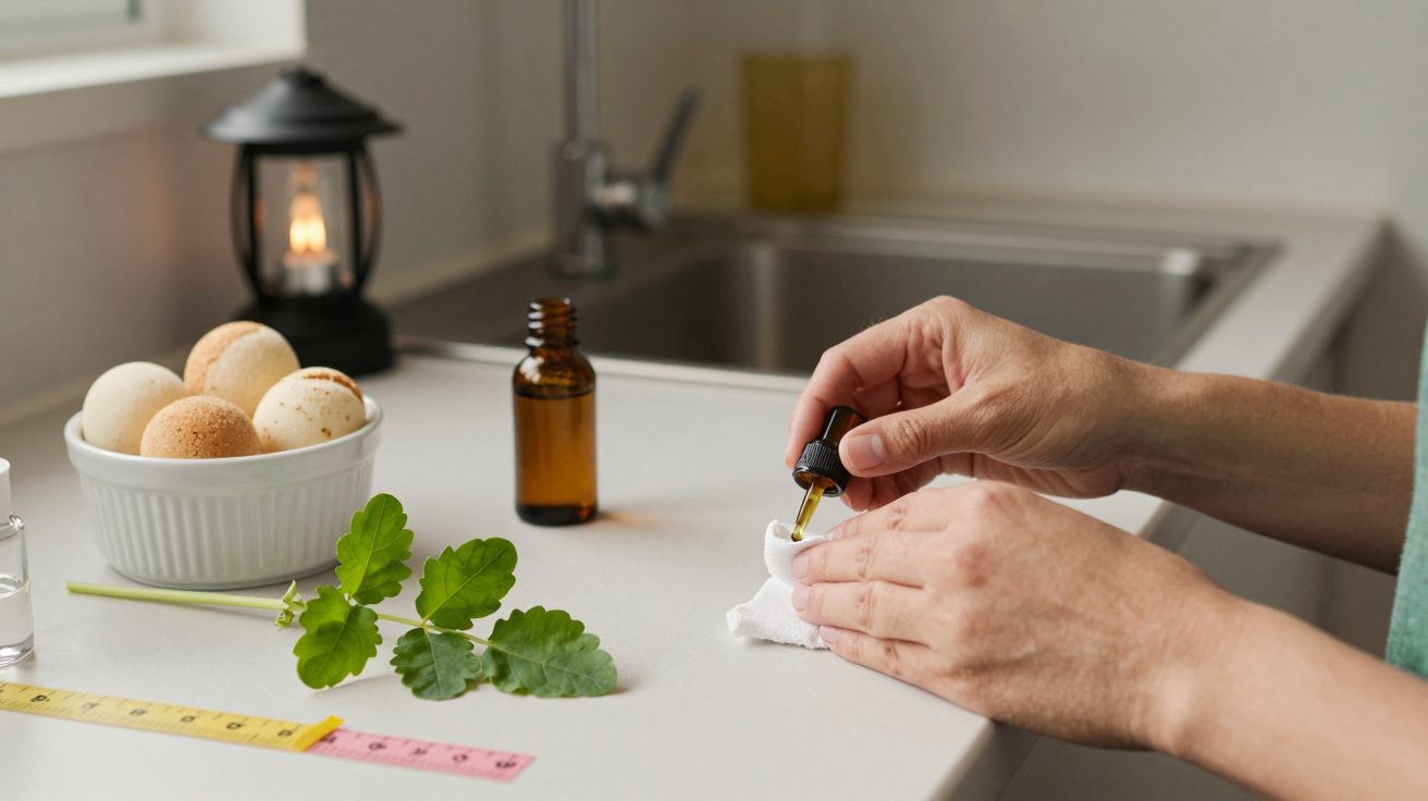 Mãos seguram conta-gotas sobre papel, com ovos, plantas e frasco na bancada da cozinha iluminada.