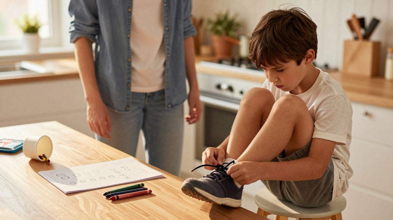 Criança amarra sapatos numa cozinha, com caderno e lápis de cor sobre a mesa, enquanto adulto está de pé ao lado.