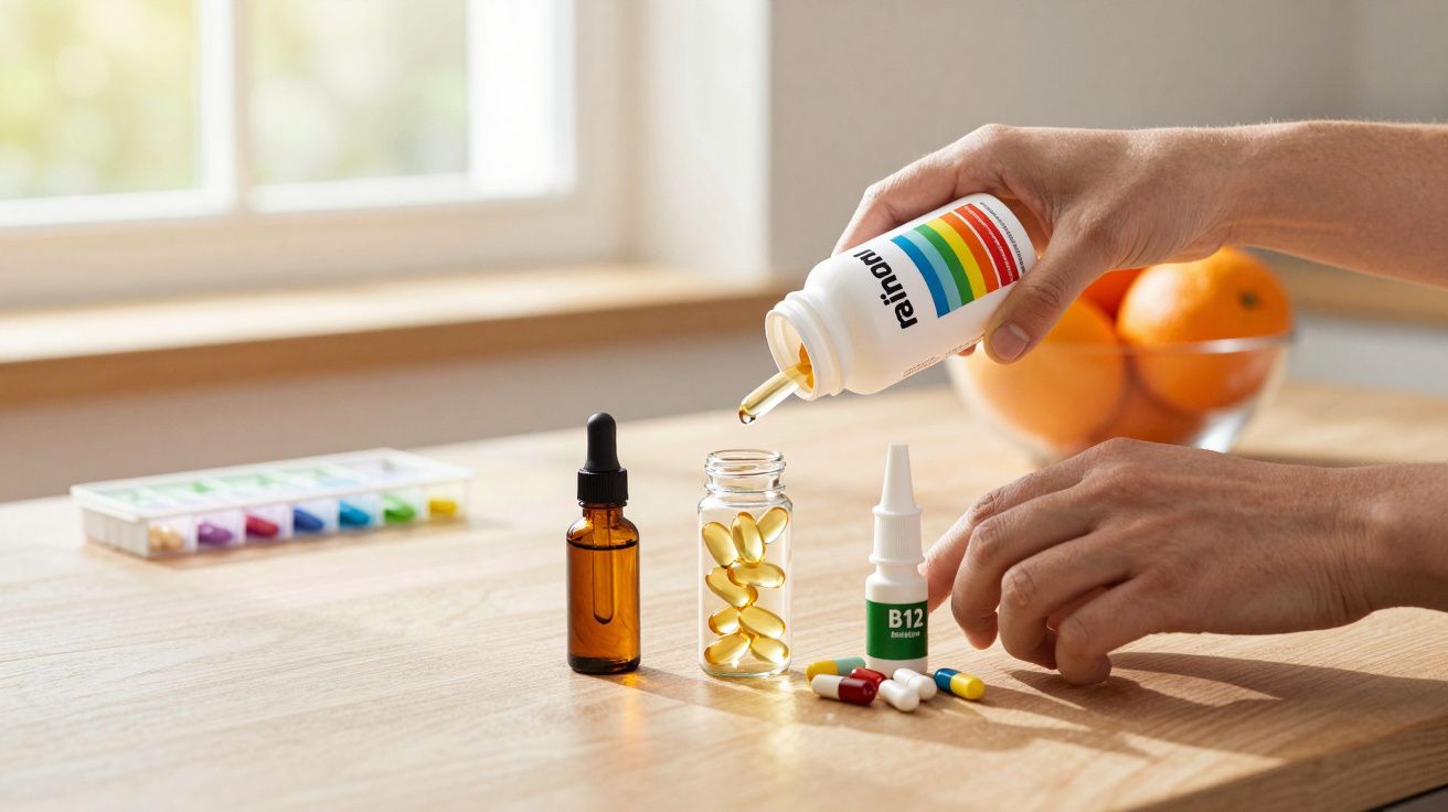 Mãos enchendo frasco com cápsulas amarelas em mesa com frascos, medicamentos e caixa organizadora.