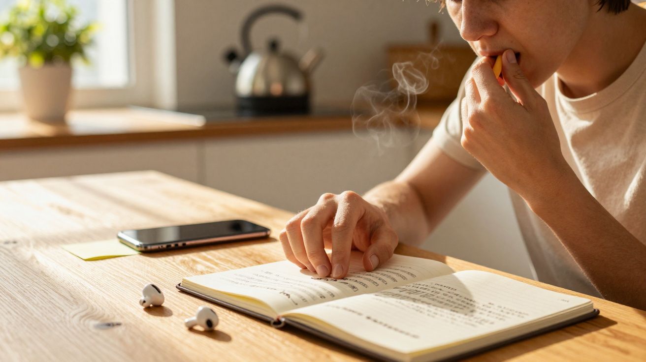 Pessoa estudando à mesa com livro, lápis na boca, telefone e auriculares ao lado. Cozinha ao fundo.