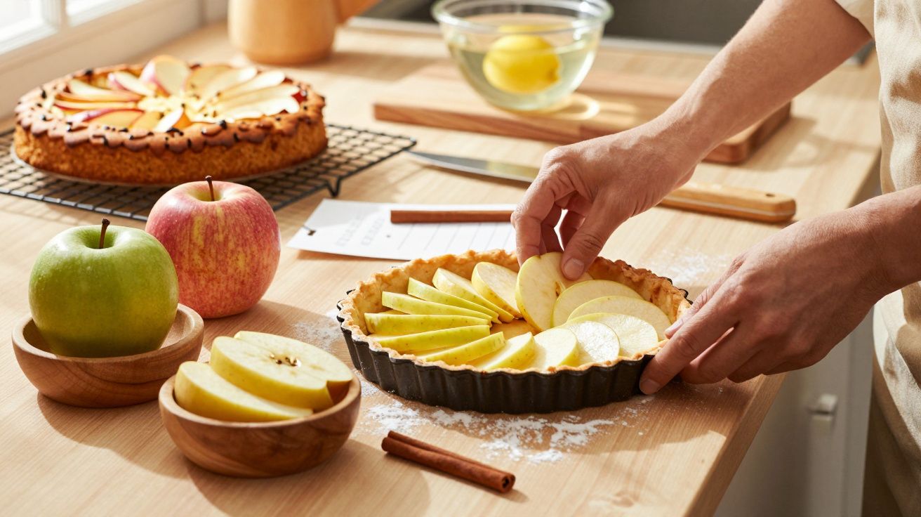Pessoa a preparar tarte de maçã na cozinha, com maçãs e fatias de maçã sobre a mesa.