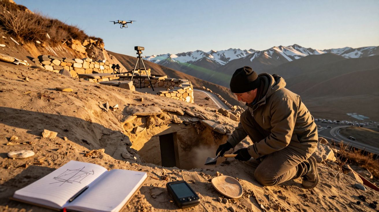 Arqueólogo escava num sítio montanhoso enquanto um drone sobrevoa; ao fundo vêem-se montanhas com neve.