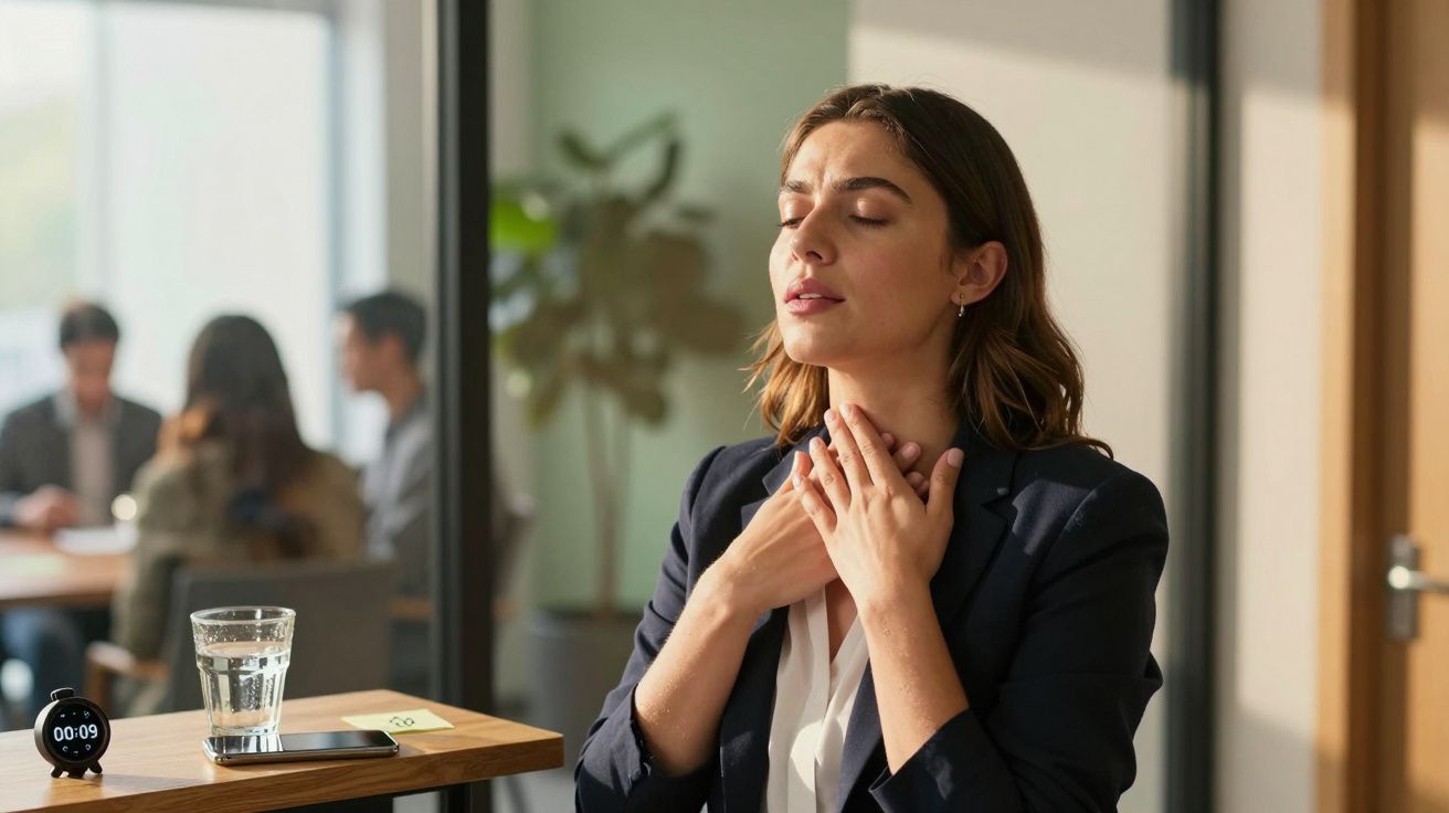 Mulher em exercício de relaxamento numa sala de escritório, mãos no pescoço, olhos fechados.