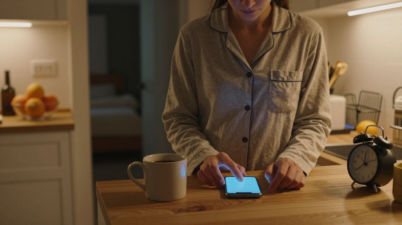 Mulher de pijama usando telemóvel na cozinha com chávena e despertador sobre a bancada.
